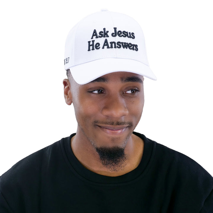Ask Jesus He Answers Cap - White